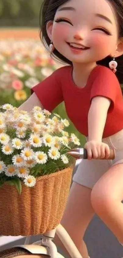 Cartoon girl joyfully biking with flower basket.