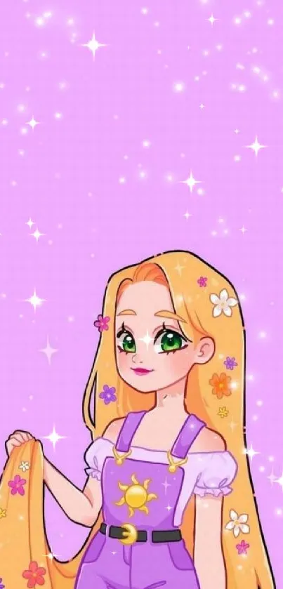 Charming cartoon girl with long hair on a pink sparkling background.