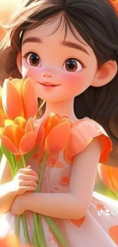 Adorable cartoon girl with tulips in orange tones.