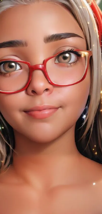 Cute cartoon girl with red glasses and warm lighting.