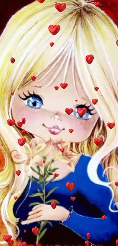 Charming cartoon girl with blonde hair and red hearts.