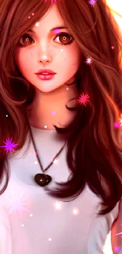 Charming cartoon girl wearing a white tee with heart pendant.