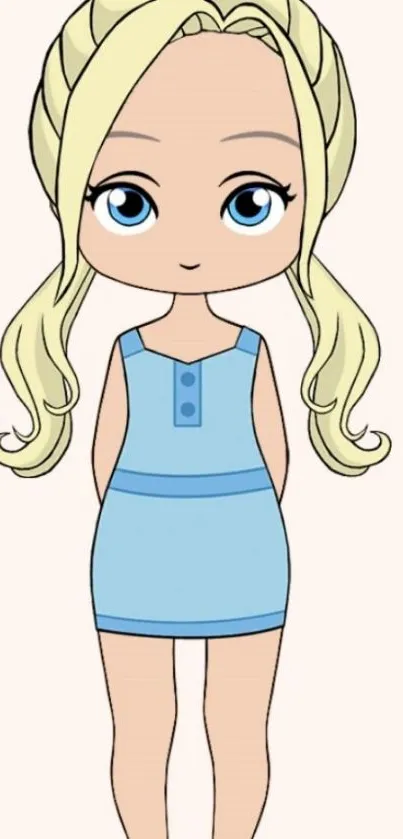 Cartoon girl in a blue dress with blonde hair on a beige background.