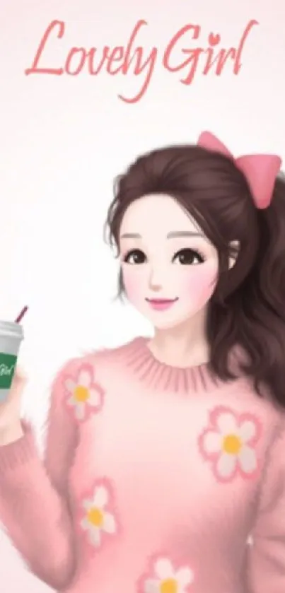 Cartoon girl in pink sweater holding a drink.