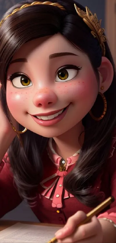 Charming cartoon girl in a red outfit, holding a pencil and smiling.