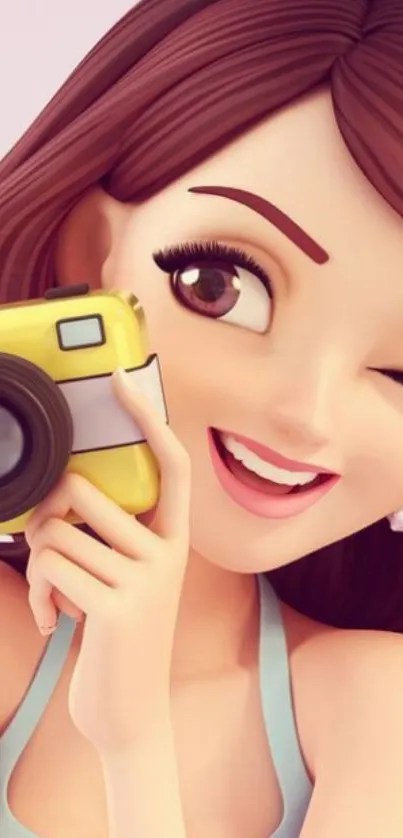 Cartoon girl with camera winks playfully.