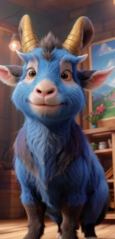 Charming blue cartoon goat with golden horns in a cozy rustic setting.