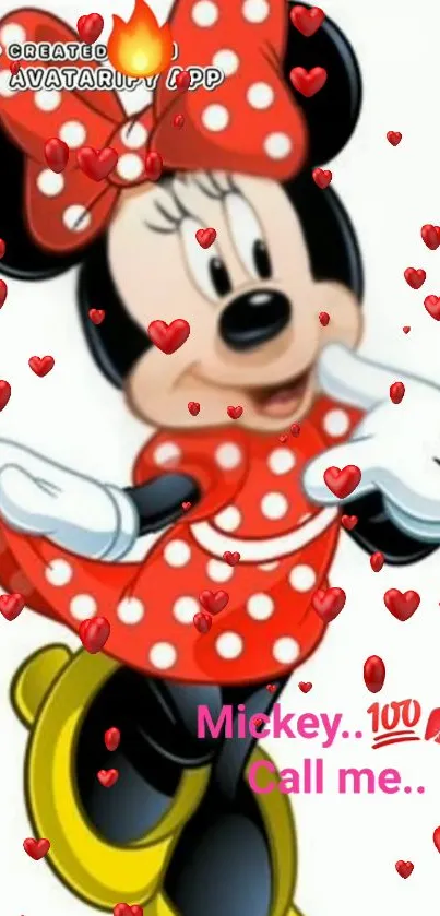 Cartoon character in red polka dot dress with floating hearts.