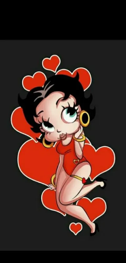 Cute classic cartoon character with red hearts on black background.