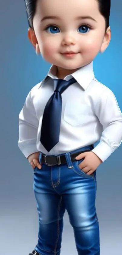 Adorable cartoon kid in blue background.