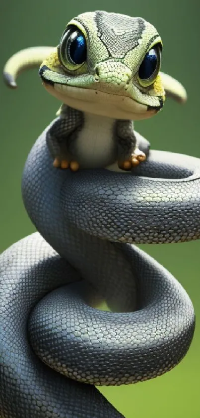 Adorable cartoon lizard sits on coiled snake, vibrant nature wallpaper.