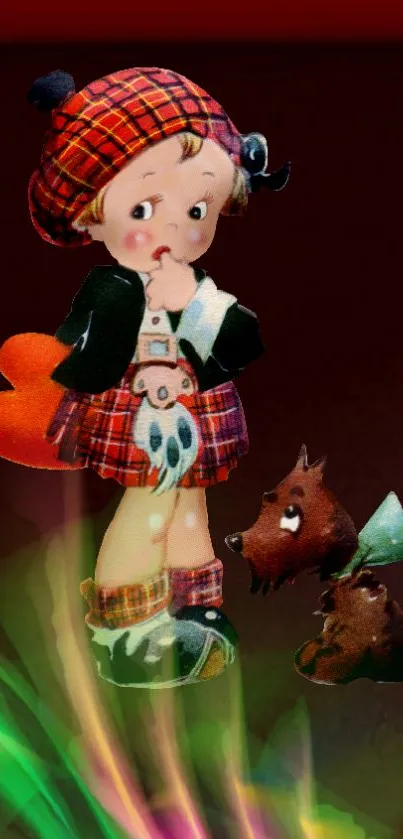 Charming cartoon character in tartan with dog on a vivid mobile wallpaper.