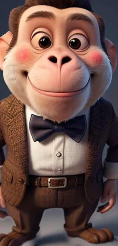 Cartoon monkey in a brown suit with a bowtie, smiling.