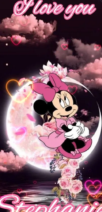 Cartoon character on moonlit pink sky wallpaper.