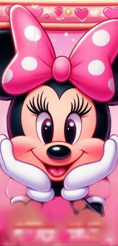 Cartoon mouse with pink bow and hearts wallpaper.