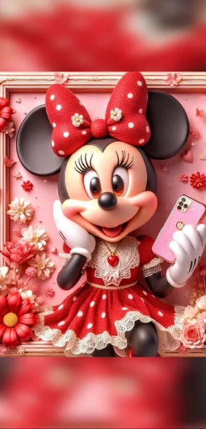 Cartoon mouse in red dress mobile wallpaper with floral accents.