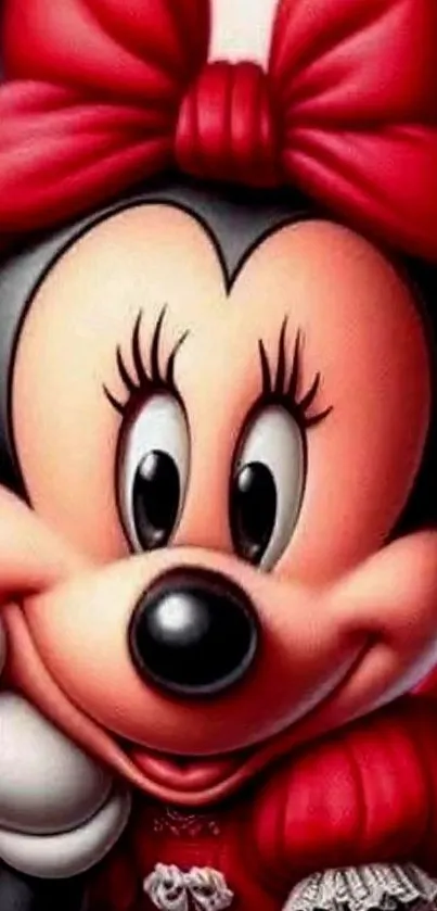 Cartoon mouse character with red bow and cheerful expression.