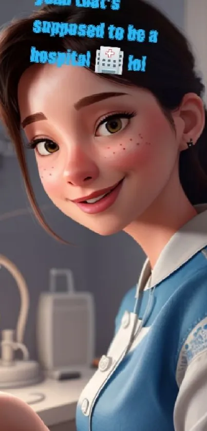 Animated nurse in a hospital setting, smiling in blue uniform.