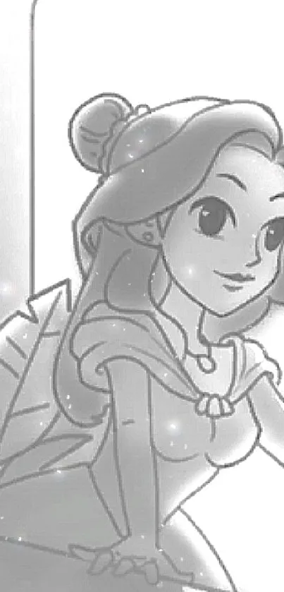 Cartoon princess holding a plush toy by a window in grayscale.