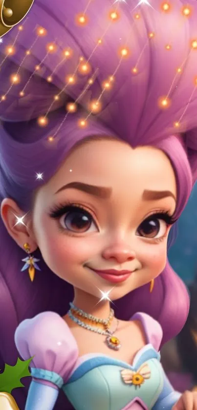 Whimsical cartoon princess with purple hair and sparkling jewels.