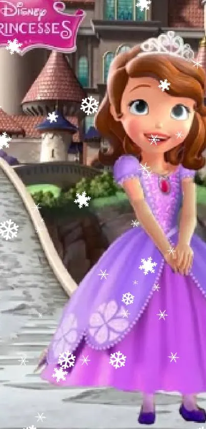 Cartoon princess in purple dress with fairytale background on mobile wallpaper.