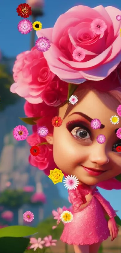 Cartoon girl with pink roses and whimsical backdrop.