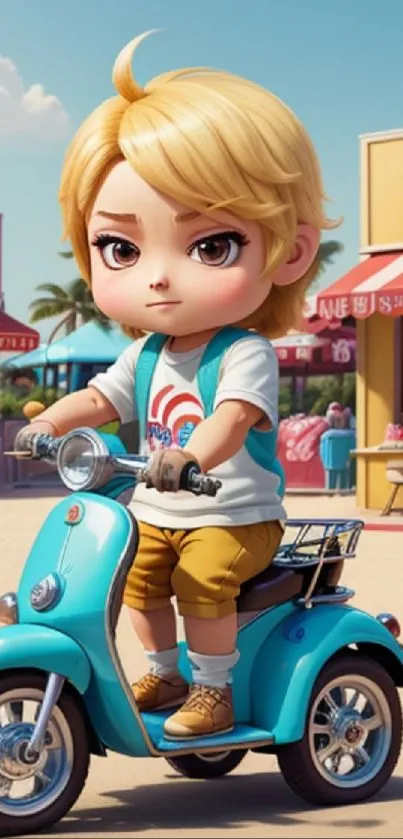 Cute cartoon boy rides a scooter in a colorful scene.