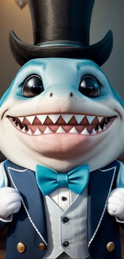 Cartoon shark in suit with top hat and bowtie.