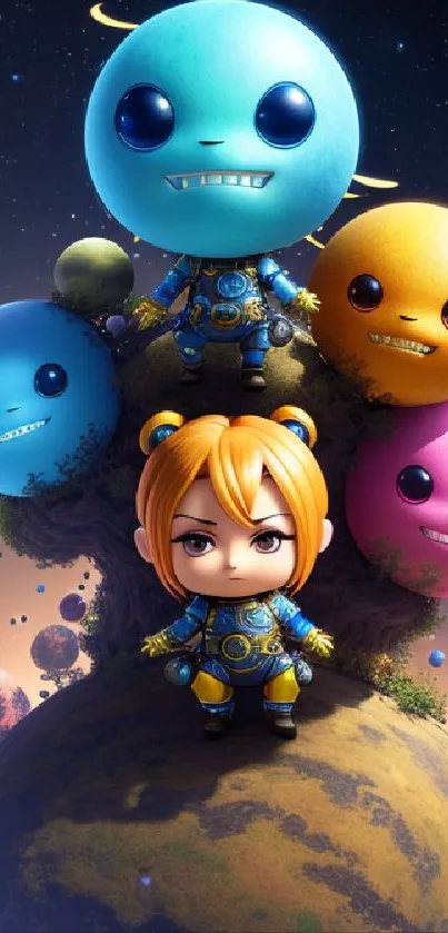 Cartoon characters in a colorful space scene with planets and a starry sky.