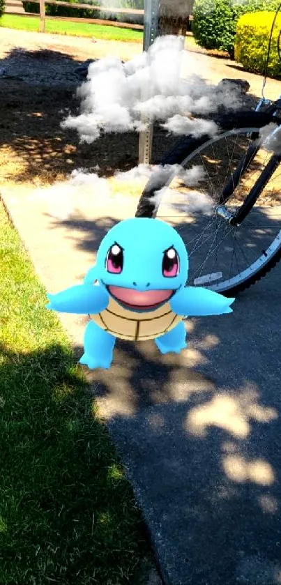 Cartoon turtle enjoying a sunny day in nature, beside a bicycle.