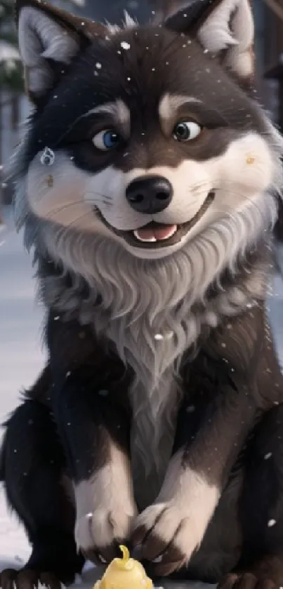 Cute animated husky smiling in the snow.