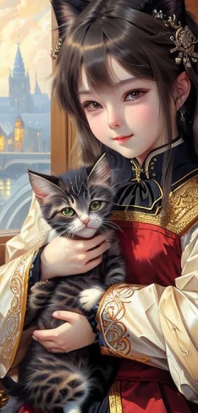 Anime girl with cat ears holding a kitten in a golden dress.