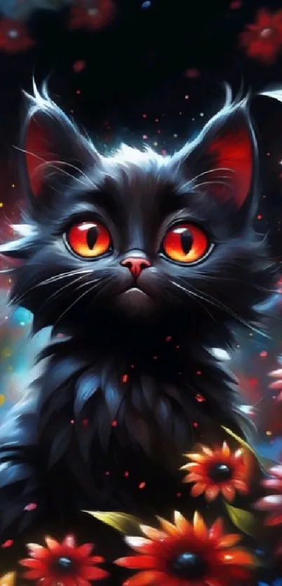 Black cat with fiery eyes among red flowers in a fantasy art wallpaper.