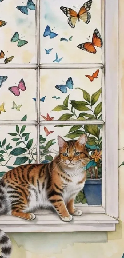 Tabby cat on a window with colorful butterflies and plants.