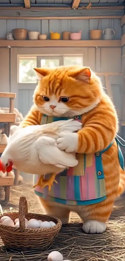 A cartoon cat holding a chicken in a cozy barn.