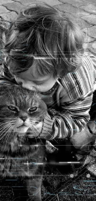 B&W image of a child kissing a cat lovingly.