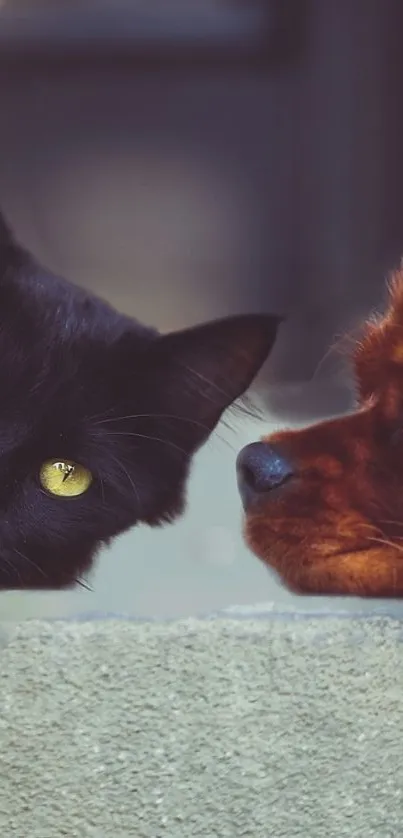 Black cat and brown dog relaxing together.