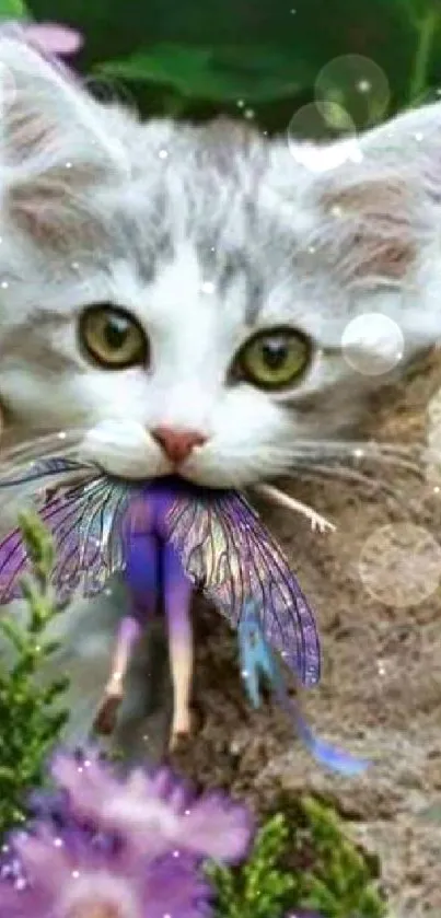 Cat peeking over rocks with a fairy and purple flowers in magical setting.