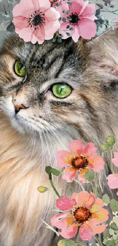 Cute cat with green eyes and pink floral crown mobile wallpaper.