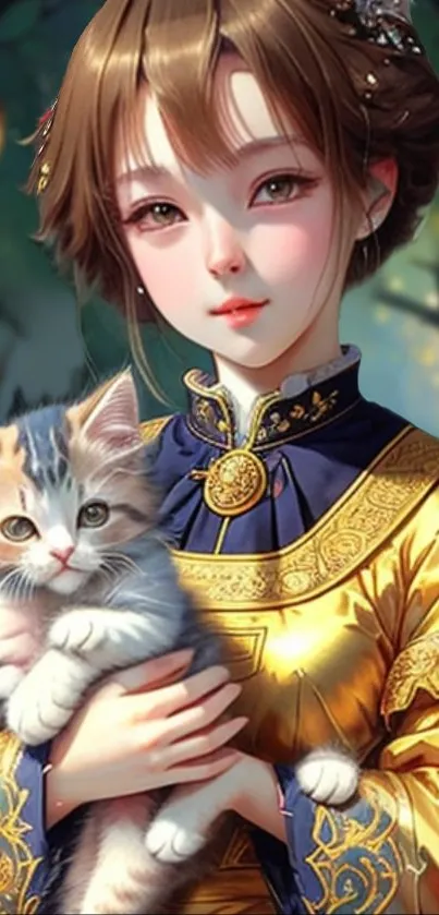 Artistic wallpaper of a girl in gold attire holding a kitten.