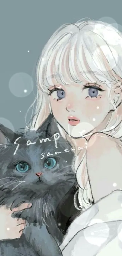 Illustration of a girl with white hair holding a black cat.