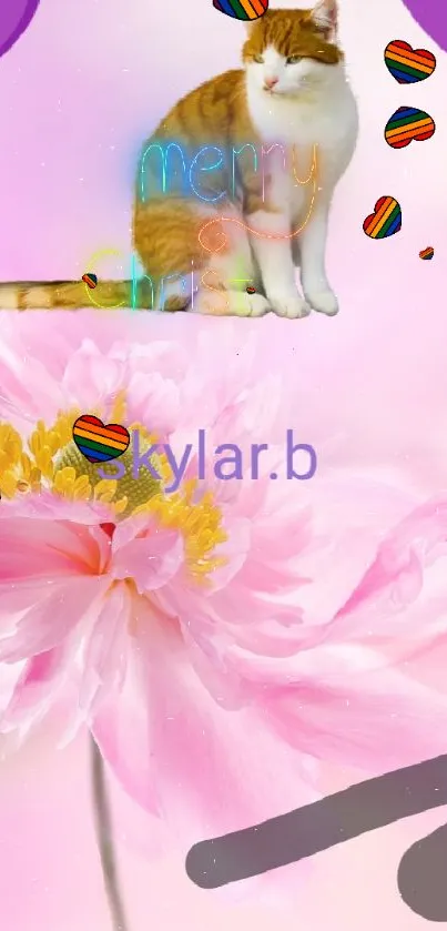 Mobile wallpaper with a cat on a pink flower and heart motifs.