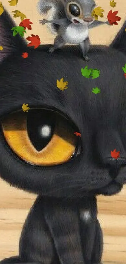 Whimsical black cat with squirrel and autumn leaves.