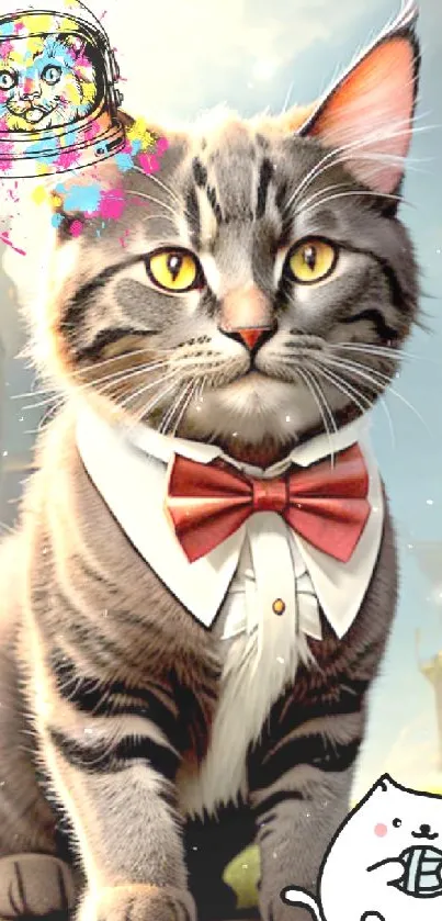 Whimsical cat art with a bowtie and castle setting.