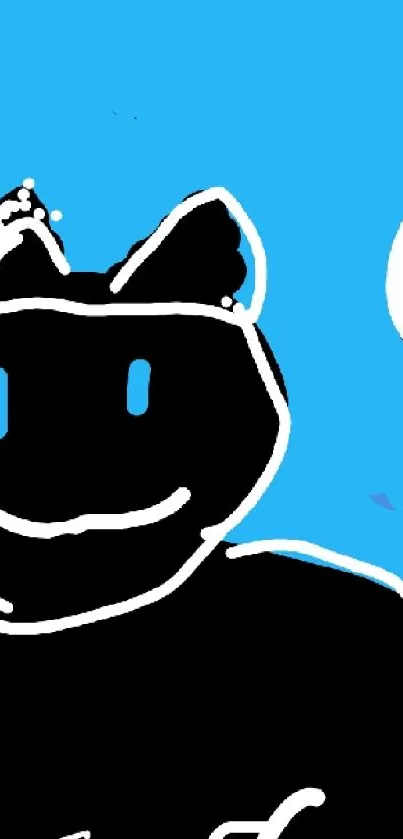 Cartoon black cat with a smiling face on a bright blue background.