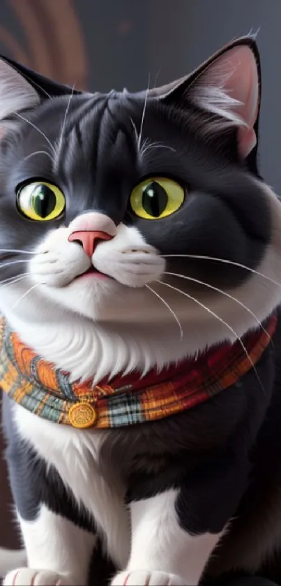 Cute cat art wallpaper with a plaid scarf.