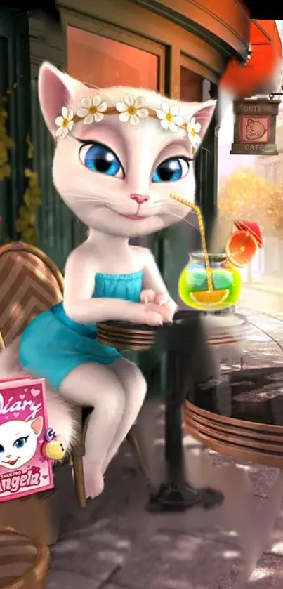 Cat in blue dress at café, vibrant animated scene.