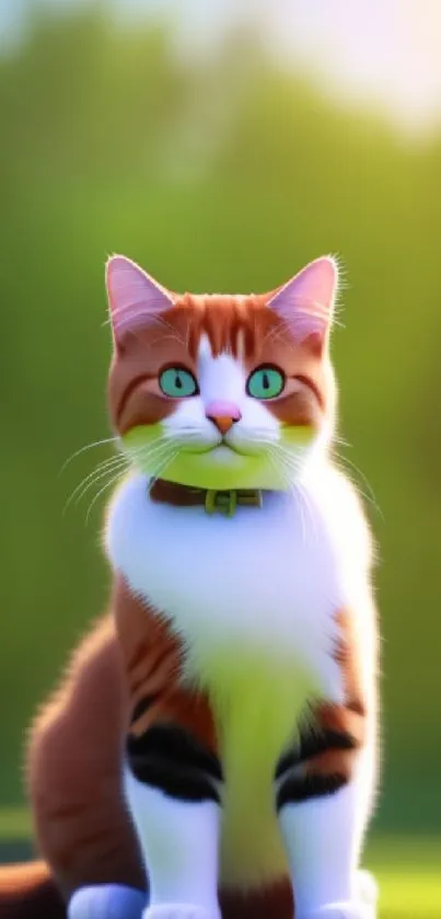 Cartoon cat sitting on grass with a green forest background.