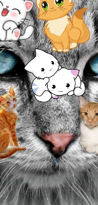 Large cat face wallpaper with blue eyes and cartoon kittens illustration.