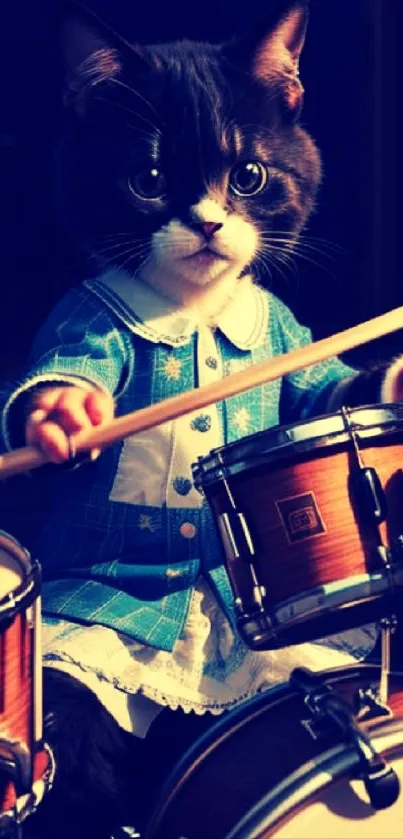 Cat wearing blue jacket playing drums in a whimsical setting.